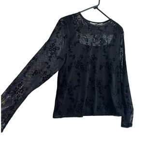 Black Floral Velvet Burnout Sheer Whimsigoth Blouse Long Sleeve Dark Fairy Witch